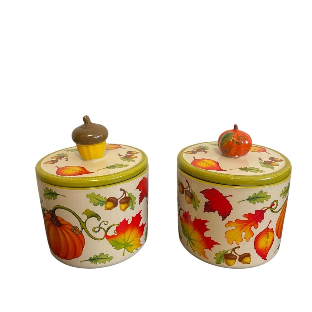 Temp-Tations Set of 2 Fall Harvest Ceramic Canisters Pumpkin and Acorn Lids